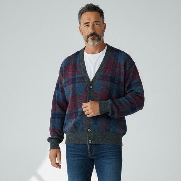 VTG Plaid Grandpa Cardigan Maglificio Florence Italy Tartan Knit Sweater Large